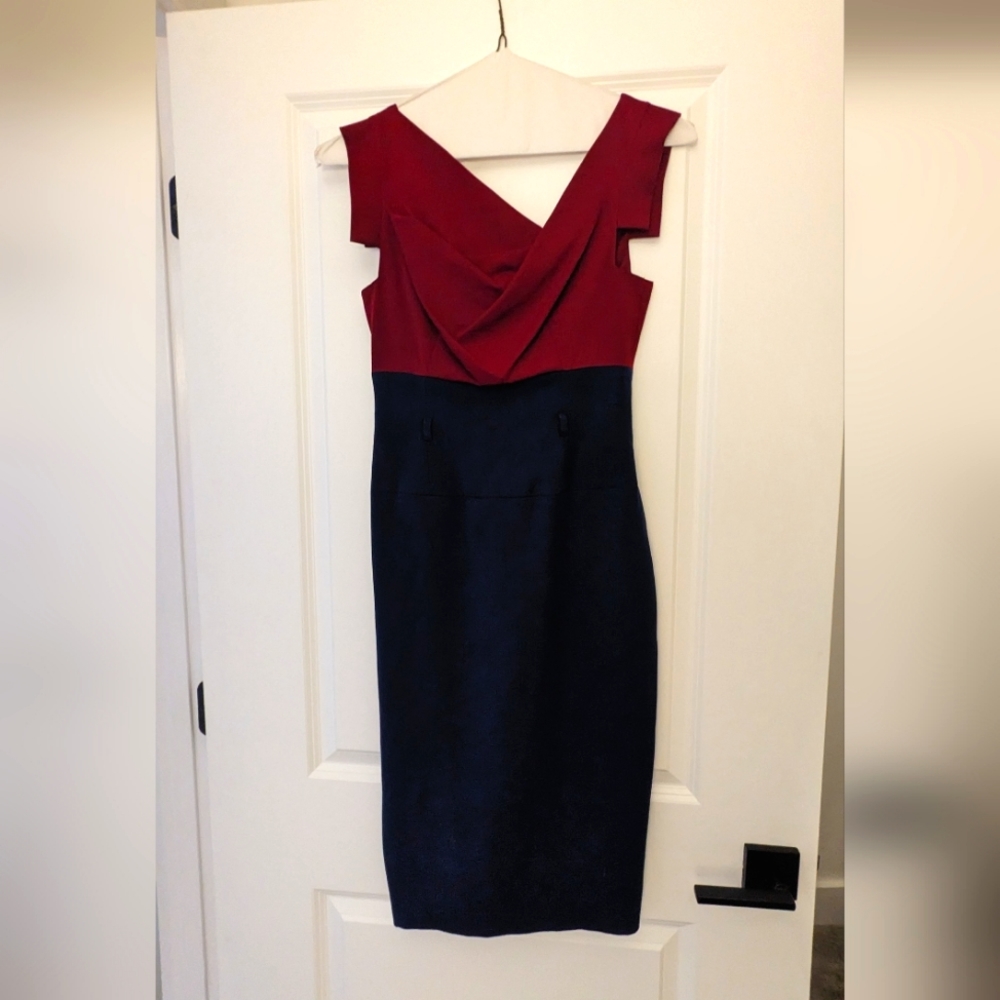 Black Halo Red and Navy Two-Tone Midi Dress